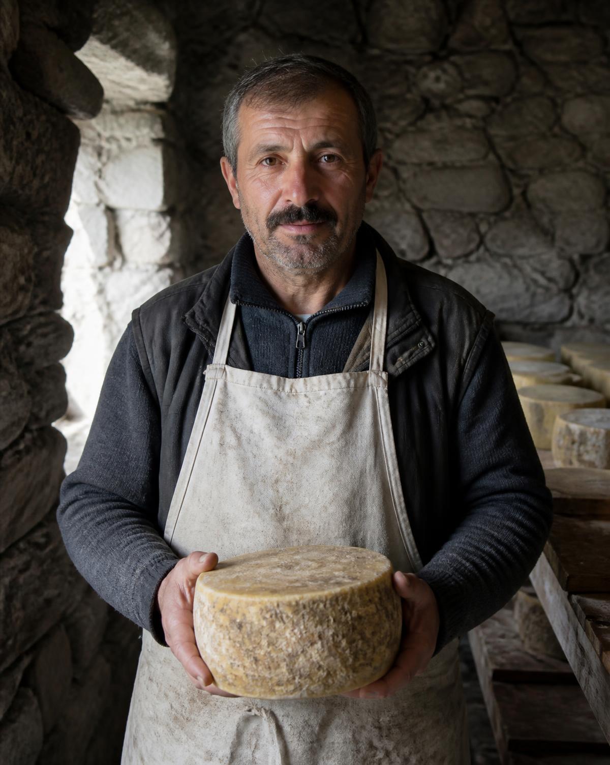 Doğu Anadolu'da taş bir mandırada olgunlaşmış tekerlek peynir tutan yayla peynircisi